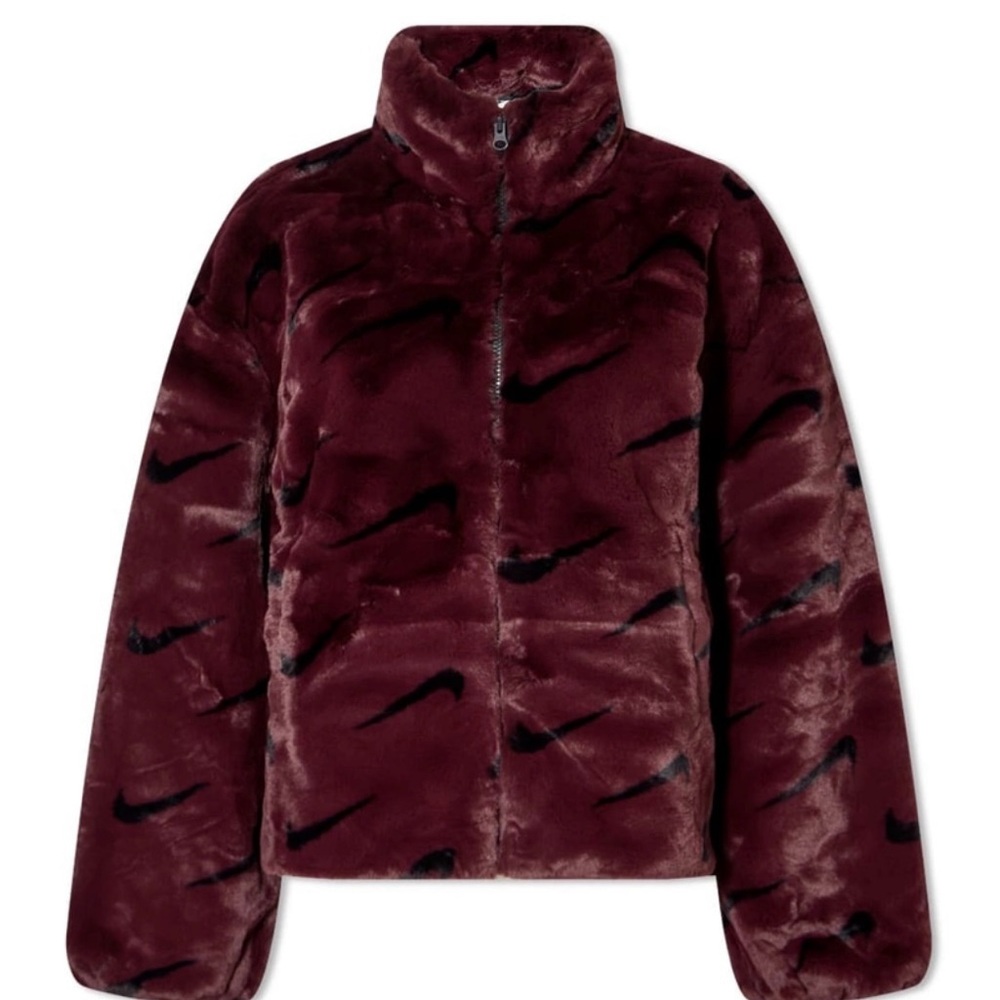 Nike all over swoosh faux fur jacket in burgundy crush and black large